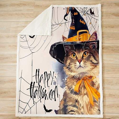 Miniatura 2 de Manfei Manta de Halloween con diseño de gatos de dibujos animados para sofá, sofá, tela de araña negra, manta de cama con estampado de murciélagos