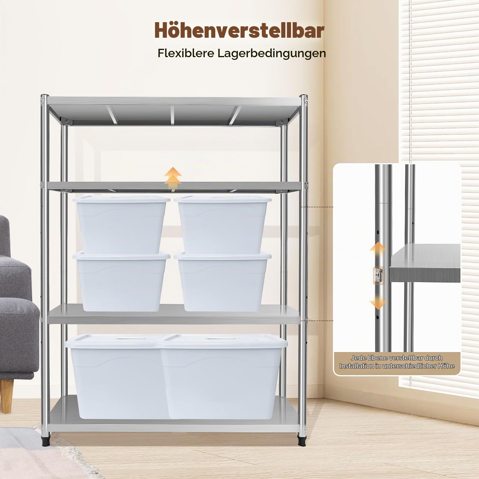 120x40x150cm 4 Böden Edelstahl Regal, 201 Edelstahl Küchenregal Mikrowellenhalter Schwerlastregal, Edelstahlregal Standregal für Vorratsräumen, Gastronomien, Küchen, Großküchen und Vieles