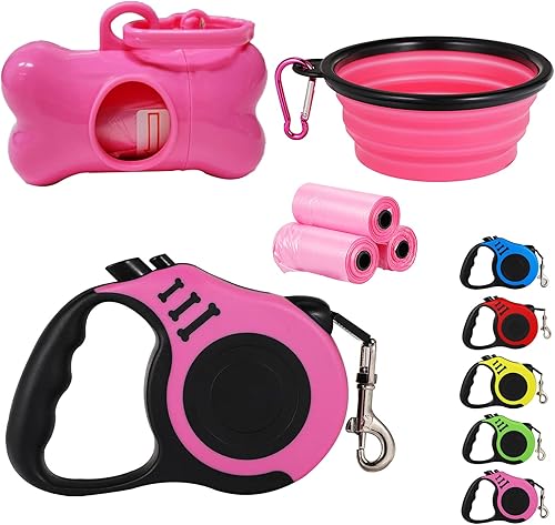 Correa retráctil resistente para perros o gatos pequeños, cinta de nailon 360 sin enredos, mango antideslizante, con dispensador de bolsas de basura