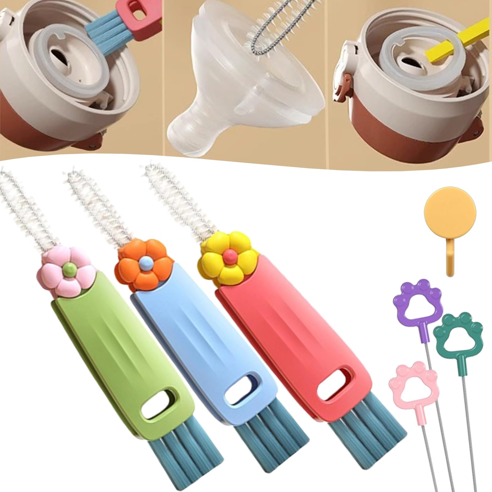 Camic 3Pcs-Flowers 3 In 1 Cup Lid Cleaning Brush, Multifunctional Crevice Cleaning Brush For Bottle Gap Tight Spaces Cup, 3 In 1 Cup Lid Gap Cleaning Brush Set, Bottle Cup Lid Brush Straw Cleaner (3Pcs-Flowers)