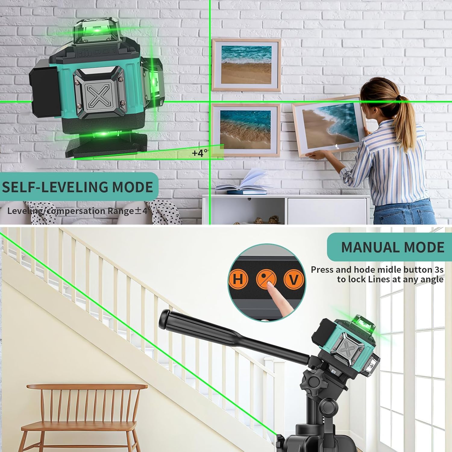 Niveau Laser Chantier Autonivelant 360° x 4, Lazer Niveaux 4D 16 Lignes Laser, Autonivellement et Mode Pulsé Extérieur, 2 x Batterie, Nivellement Automatique, Support Rotatif, Télécommande