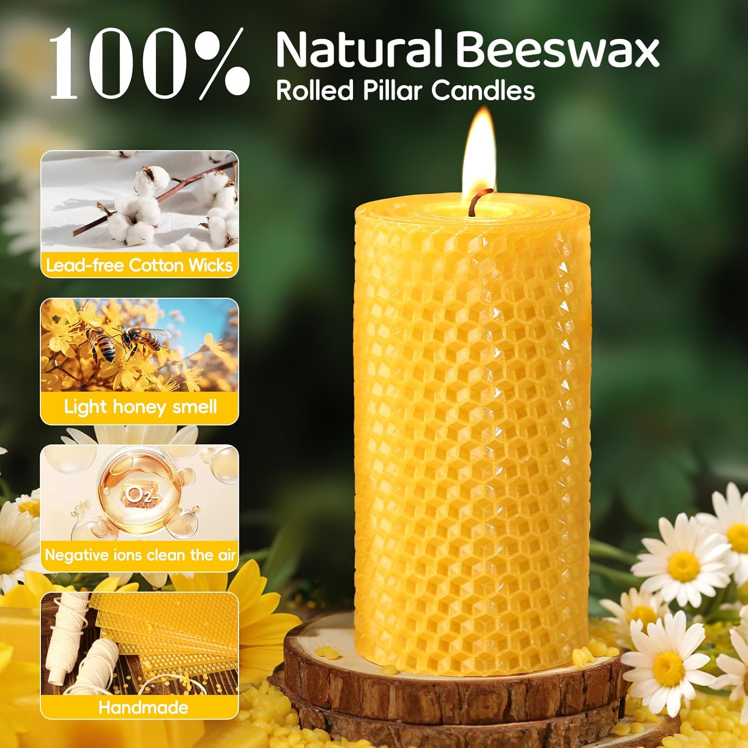 3 Pack Natural Beeswax Pillar Candles,2.8x6in Handmade Beeswax Rolled Candles,129 Hours Long Burning Honeycomb Bees Wax Candle for Gift & Home Decor,Dripless Smokeless Unscented - Image 2