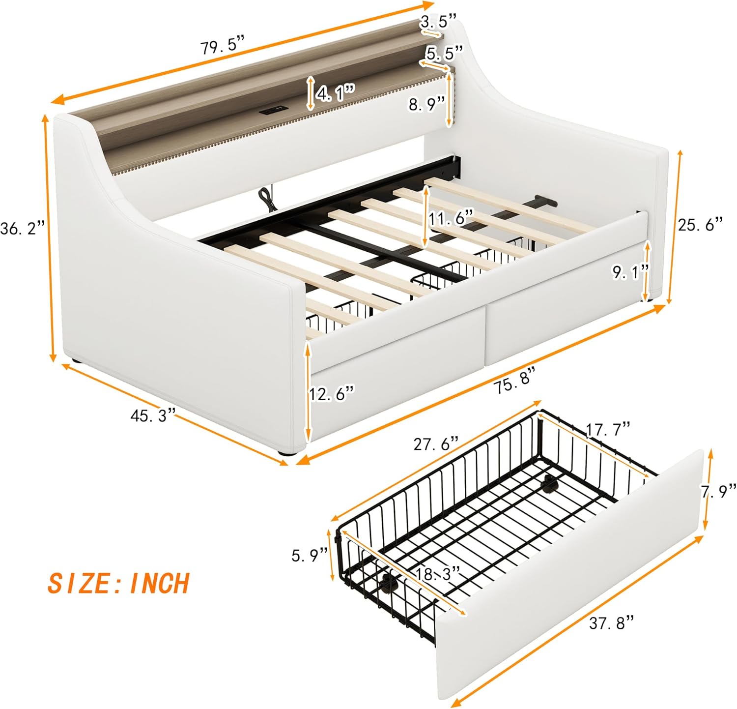 Twin Size Daybed with 2 Storage Drawers, PU Leather Daybed with Charging Station and LED Lights, Upholstered Sofabed with Nailhead Decoration, Wood Slat Support, Easy Assembly (Beige-T, Twin)