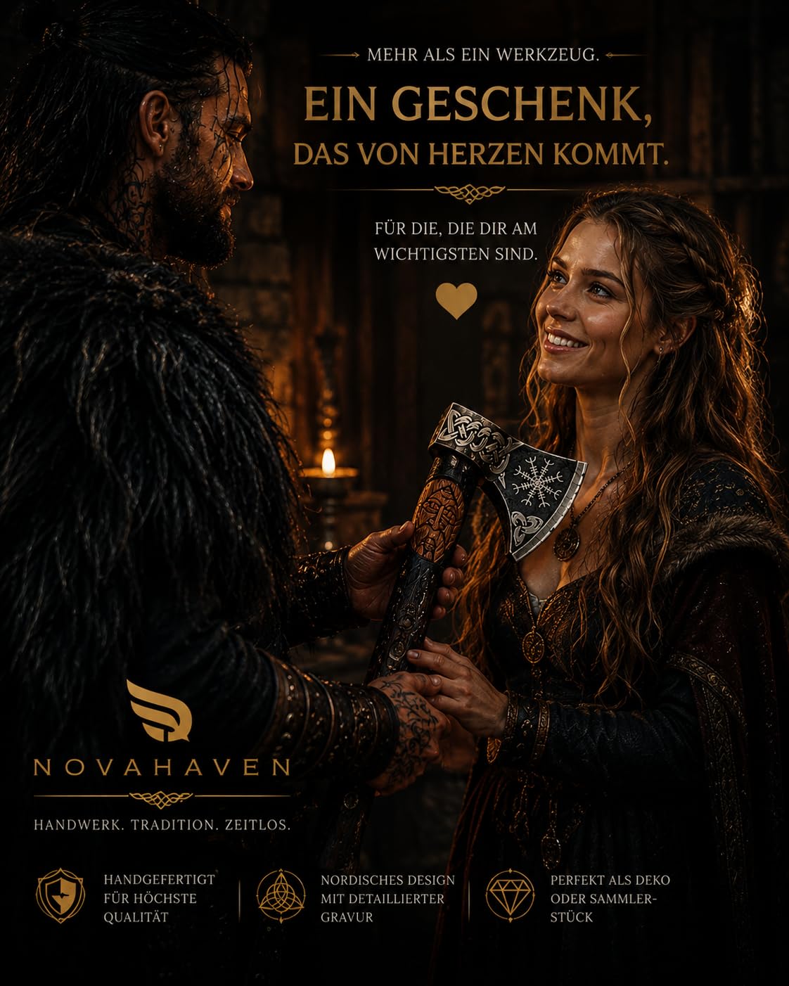 Novahaven Ragnarök - Hacha forjada a mano para exteriores de 22 pulgadas – Regalo y coleccionable de acero al carbono con mango de madera de fresno tallada, diseño de lobo y dragón, funda de piel para