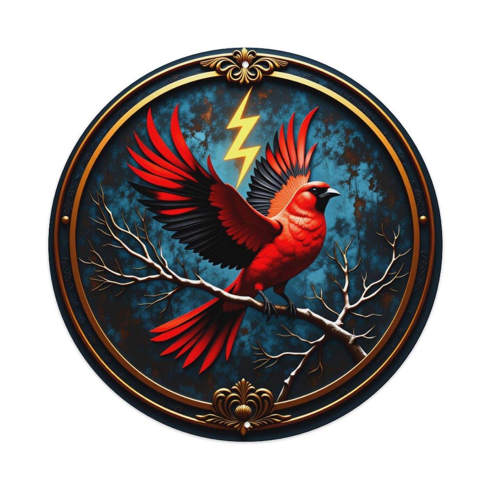 Red Bird Lightning Branch Frame Vintage Metal Tin Sign Retro Wall Decor for Home Bar Garage Cafe, Indoor & Outdoor Decorative，circle Metal Poster, 8x8 Inch