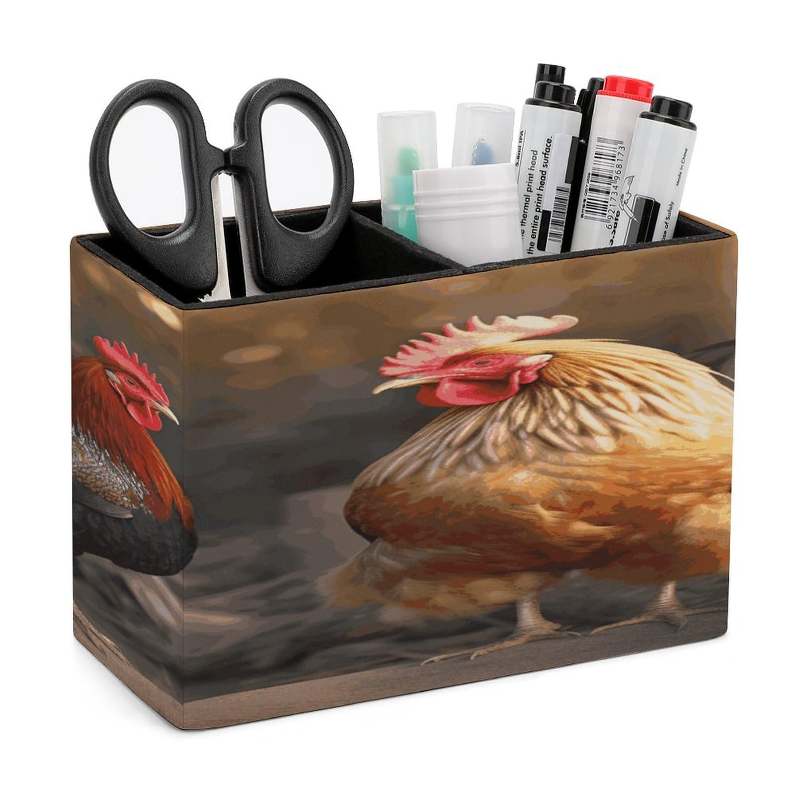 LDGSUPH Rooster And Chicken Leather Pen Holder for Desk Organizer Caddy Large Pencil Cup Multi-function Pencil Holder Makeup Brush Holders Pen Organizer for Home Office Storage Box