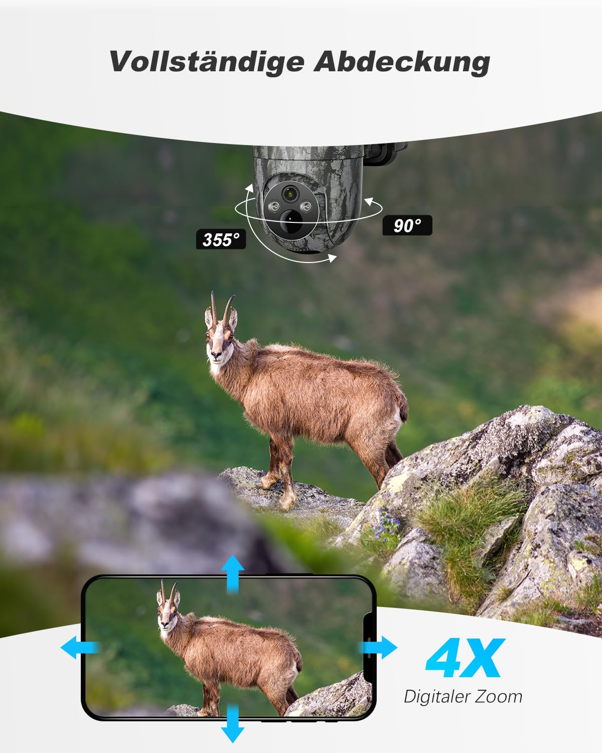Xega 4G LTE Wildkamera Solar Akku mit SIM Karte,Überwachungskamera mit Live App Farb-Nachtsicht, 2K HD Kabellos Außen PTZ Kamera Outdoor,355°/90° Schwenkbar Erkennung 2-Wege-Audio (Ohne WLAN)