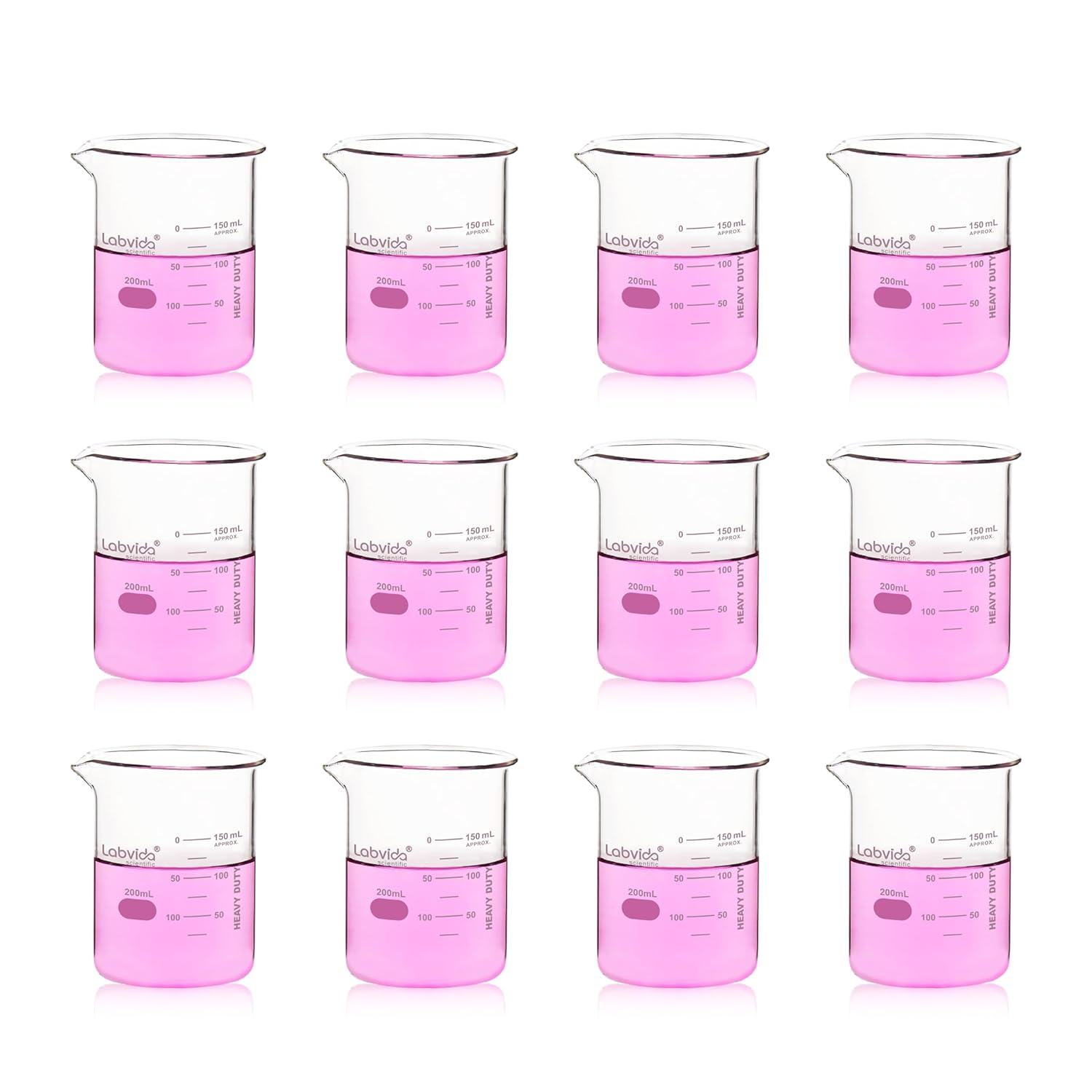 12pcs 200ml Upgrated Thick Form Glass Beakers, Griffin Low Form Beaker Set with Double Scale, 3.3 Boro, LVA008