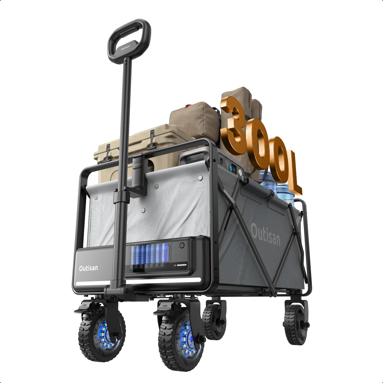 Outisan e-Wagon Air Electric Wagon Cart, 300 lbs Heavy-Duty Collapsible Utility Wagon with Up to 300L Storage, 9-Mile Range Dual Motor Cart, Auto Brake, All-Terrain Wheels for Camping, Glacier Gray