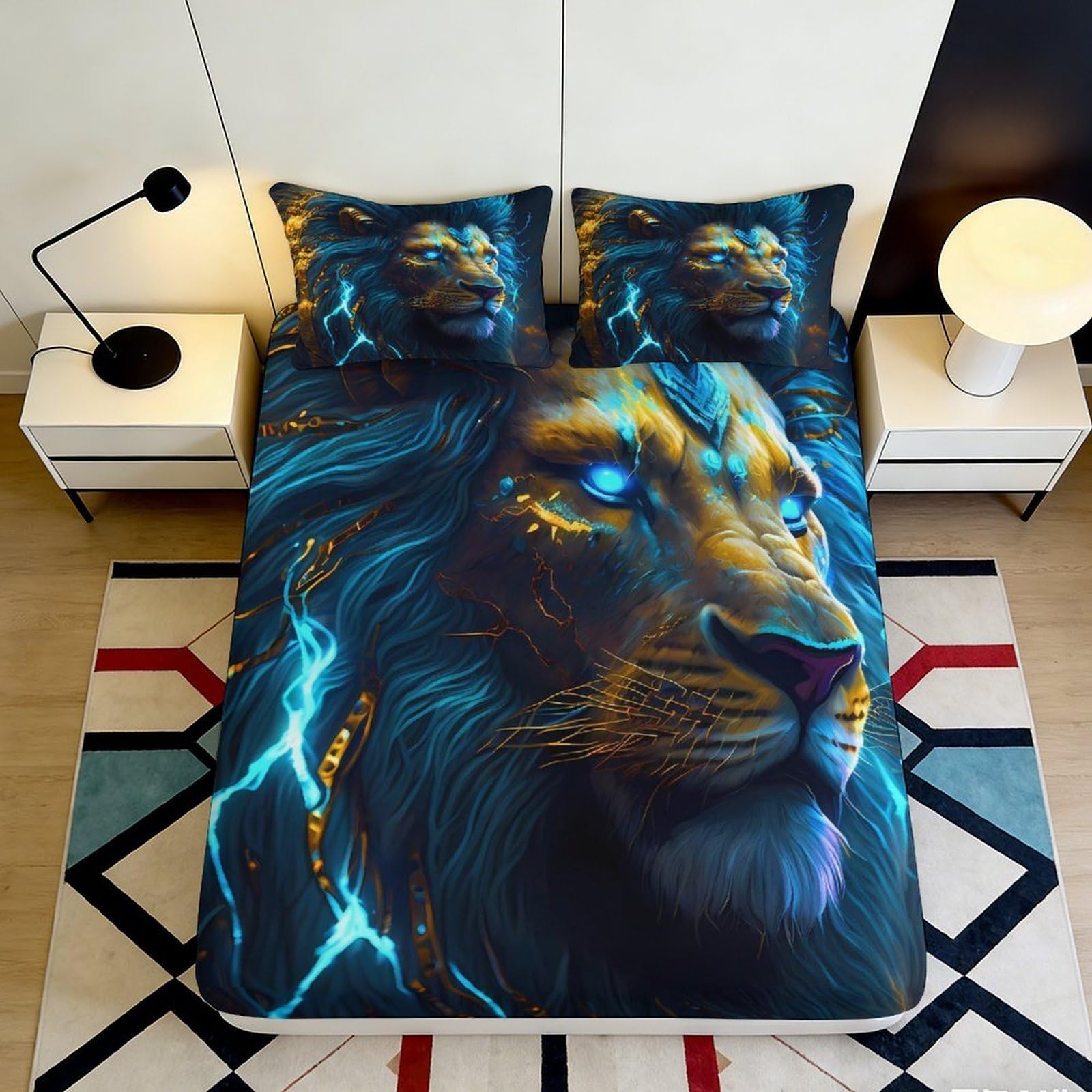 3D Printed Electric Lion Fitted Sheet Microfiber Blue Neon Bed Cover for Bedroom Dorm Room Mattress Decor 90x200x25cm