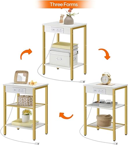 Miniatura 6 de HOOBRO Mesa auxiliar con estación de carga y puertos USB, mesita de noche de 3 niveles con estantes ajustables, mesa auxiliar estrecha para espacio