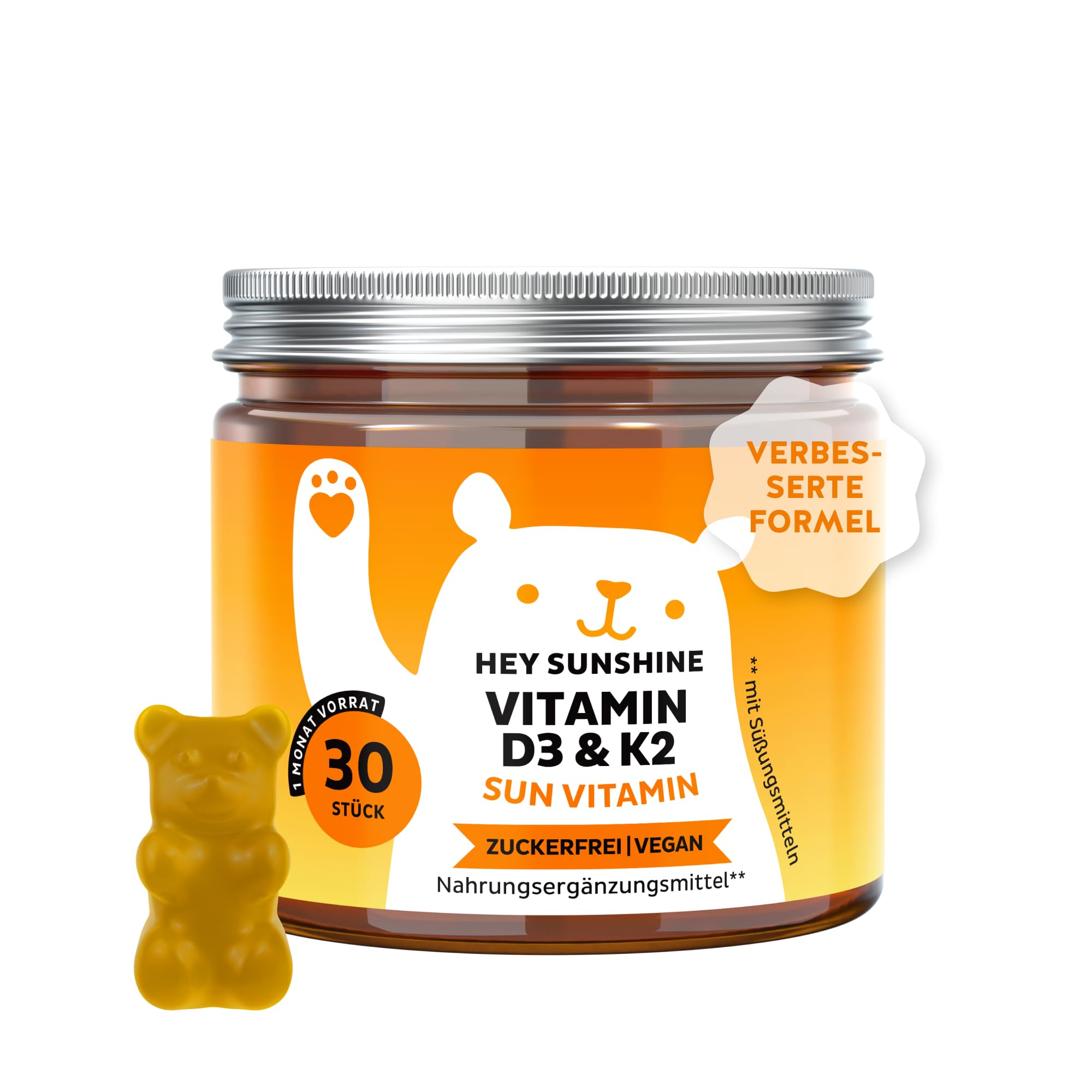 Vitamin D3 K2 Hey Sunshine – Gummies mit Vitamin D3 (25 µg / 1000 I.E.), K2 – zur Unterstützung der normalen Funktion des Immunsystems – 30 Stück (1 Monat) – zuckerfrei, vegan – Bears with Benefits