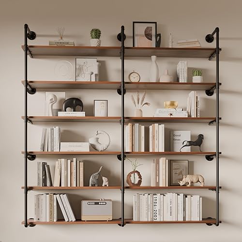 Miniatura 19 de Estante industrial de tubo de hierro de 5 niveles, estantería de tubo de 48 pulgadas con tablón de madera maciza, estantes abiertos para libros,