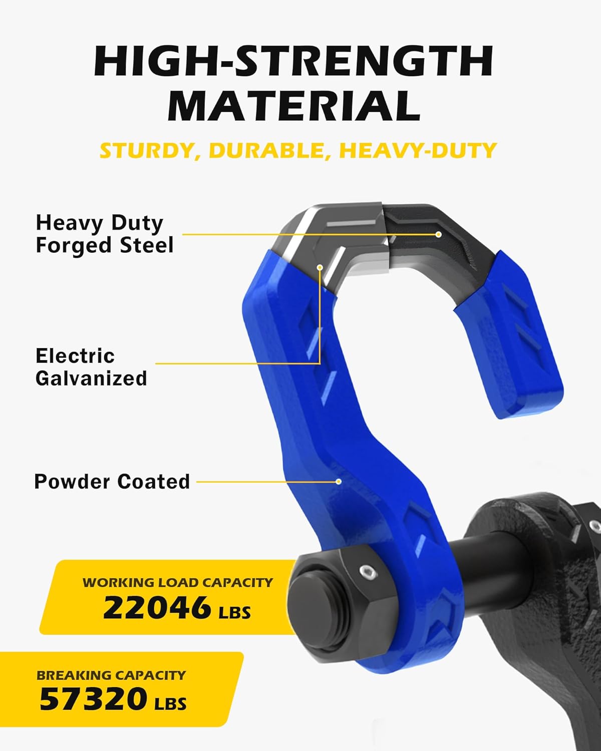 Separate D-Ring Shackles, 2Pack, 3/4" Separate D-Ring Shackles 7/8" Pin, 57320lbs Breaking Strength, Heavy Duty Forged Steel, D-Ring Towing Winch Shackle for Recovery, 4x4 Off-Road, Black Blue - Image 4
