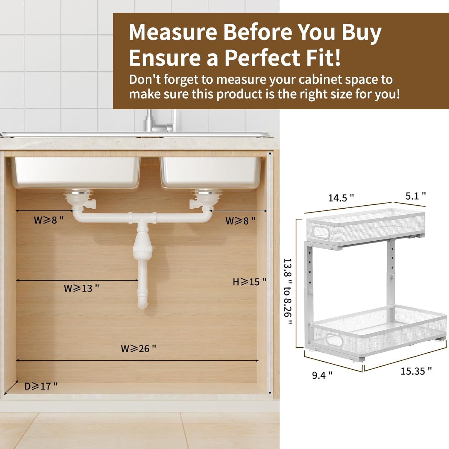Under Sink Organizer 1 Pack, 2-Tier Slide Out Cabinet Organizer with Metal Sliding Drawer and Hooks, Pull Out Storage Baskets for Kitchen Bathroom Pantry Cabinet Organization (White (1 pack))