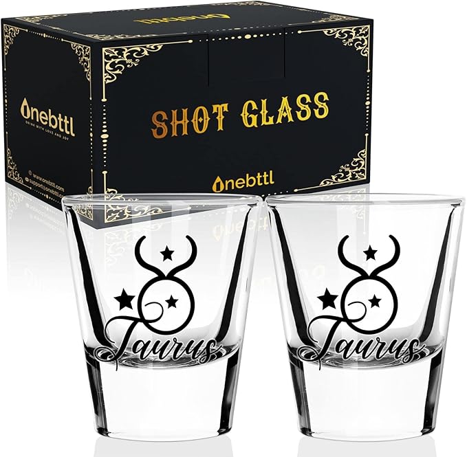 Onebttl Zodiac Sign Shot Glass Set of 2, Unique Birthday Gifts for Women, Men, Friend, Coworker, Wife, Husband- (1.5oz/45ml)- Taurus