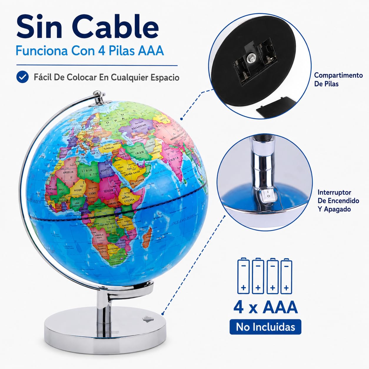 EXERZ Globo Terráqueo Iluminado 23 cm Mapa Español Y Constelaciones | Lámpara LED Sin Cable Base Metálica Cromada Modo Día Noche Para Escritorio Habitación Aula Y Regalo Educativo