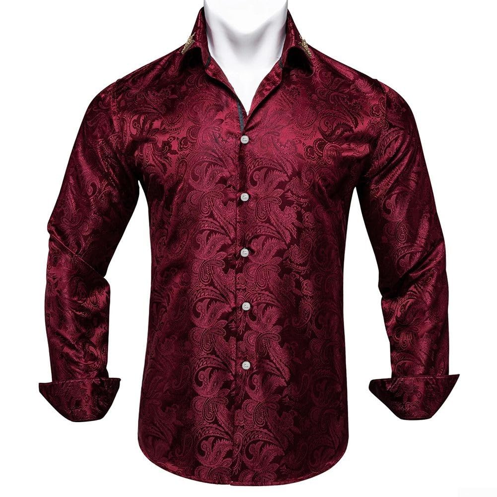 Chemise formelle à manches longues en soie pour homme pour smoking, mariage et fête (taille L) Rouge