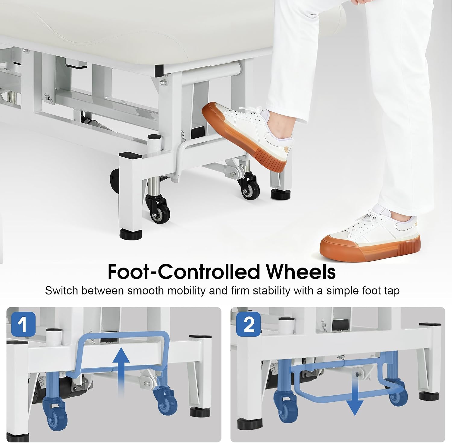 BarberPub Wheeled Electric Facial Bed, Salon Spa Bed with Dual Motors, Adjustable Backrest & Height, PVC Leather, Professional Treatment Table with Foot-Control Casters 2750 (White)