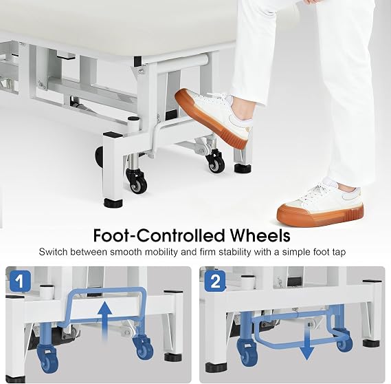 BarberPub Wheeled Electric Facial Bed, Salon Spa Bed with Dual Motors, Adjustable Backrest & Height, PVC Leather, Professional Treatment Table with Foot-Control Casters 2750 (White)