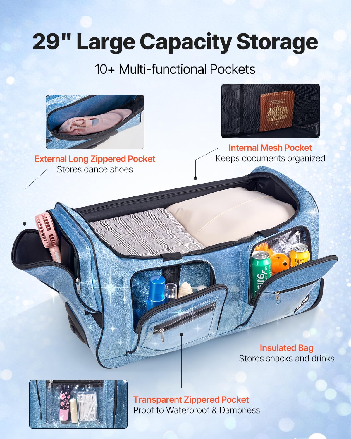 VEVOR Bolsa de Baile, con Perchero Ajustable en Altura, Bolsa de Lona con Ruedas de 74 cm, Puerto USB, Cortina de Privacidad, Ideal para Viajes y Competiciones, Azul Brillante, 730 x 430 x 380 mm