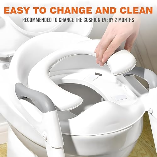 Miniatura 9 de SKYROKU - Asiento para orinal para inodoro con escalera, base estabilizada triangular 2 en 1, asiento de inodoro para niños pequeños con protector