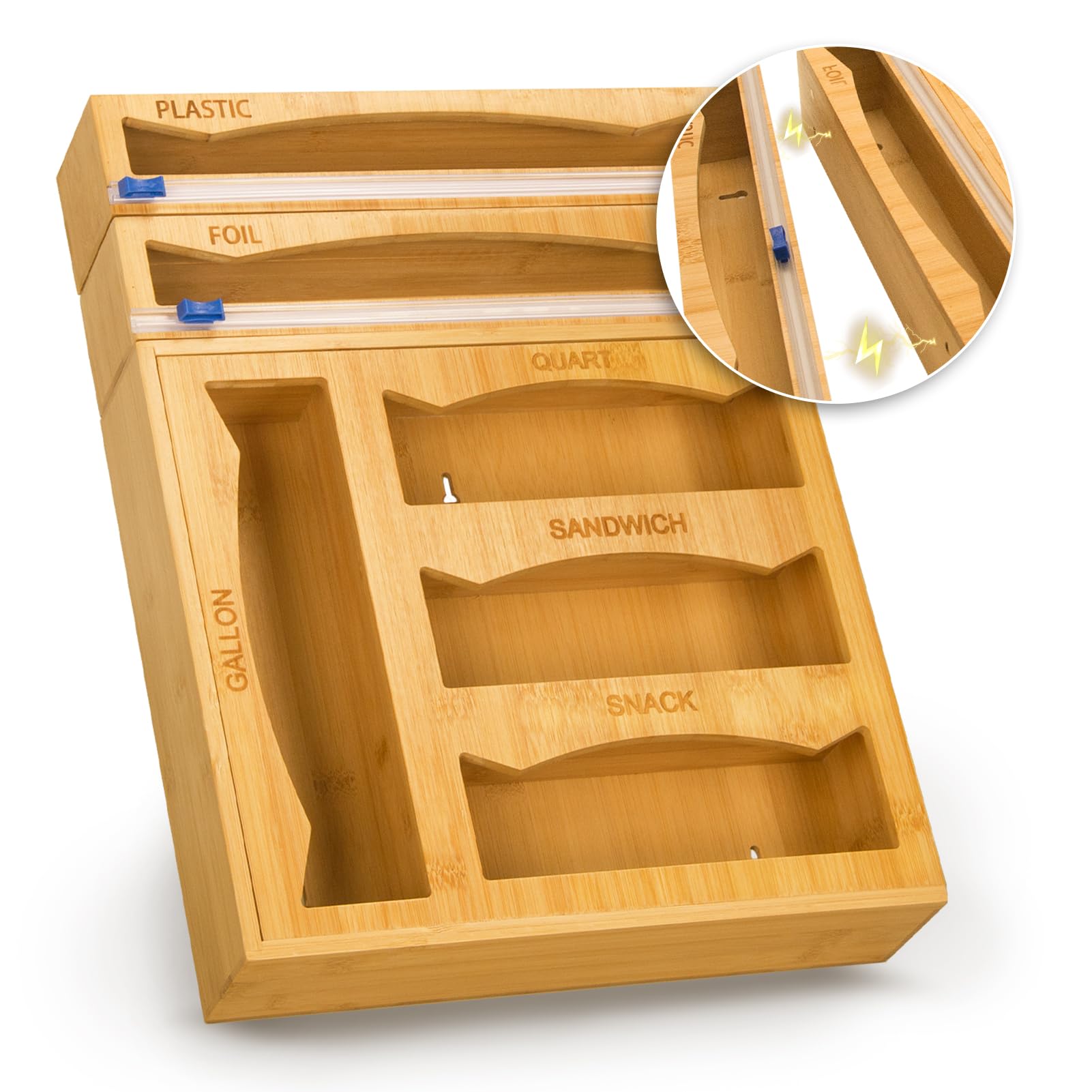 Bag Organizer and Plastic Wrap Dispenser with Cutter 6 In 1 Plastic Storage Bag Holder for Kitchen Drawer Magnetic Storage suitable for Gallon Snack Quart Sandwich Aluminum Foil