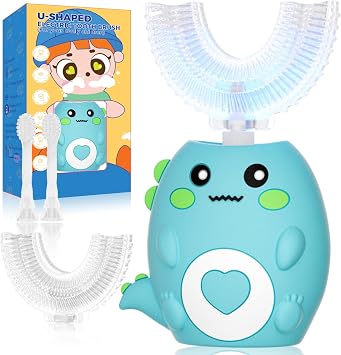 Kids U Shaped Electric Toothbrush, with 3 Cleaning Modes, with 4 Brush Heads, 360 Sonic Automatic Toothbrush, IPX7 Waterproof Cartoon Dinosaur Design Ages 2-12