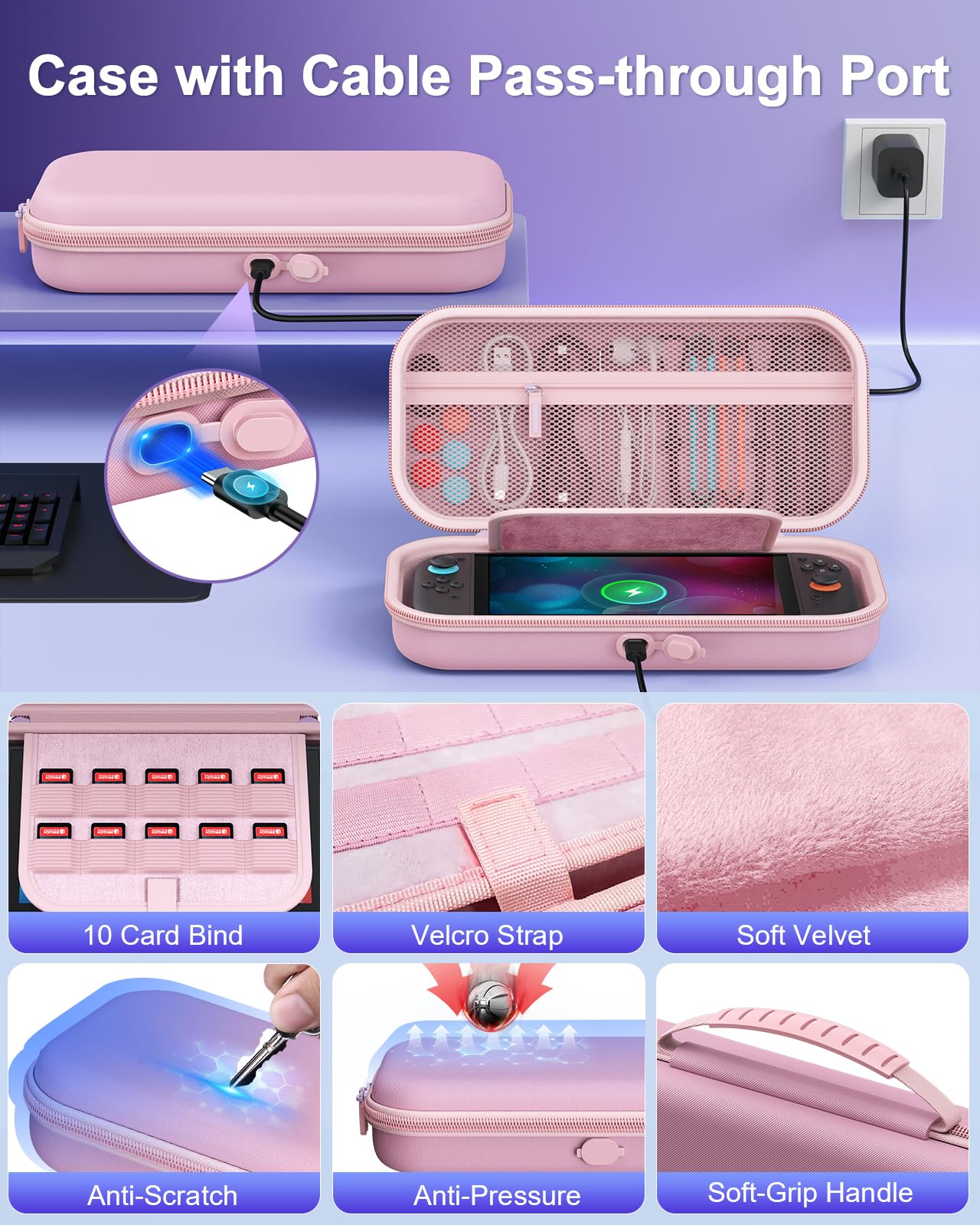 WAXITY Tasche Zubehör Bundle für Nintendo Switch 2, 22-in-1 [Aufladen im Inneren] Reisetasche Tragetasche Set für Switch 2 mit Case, Ladestation, Schutzhülle, Griffe für Joycon (Rosa)