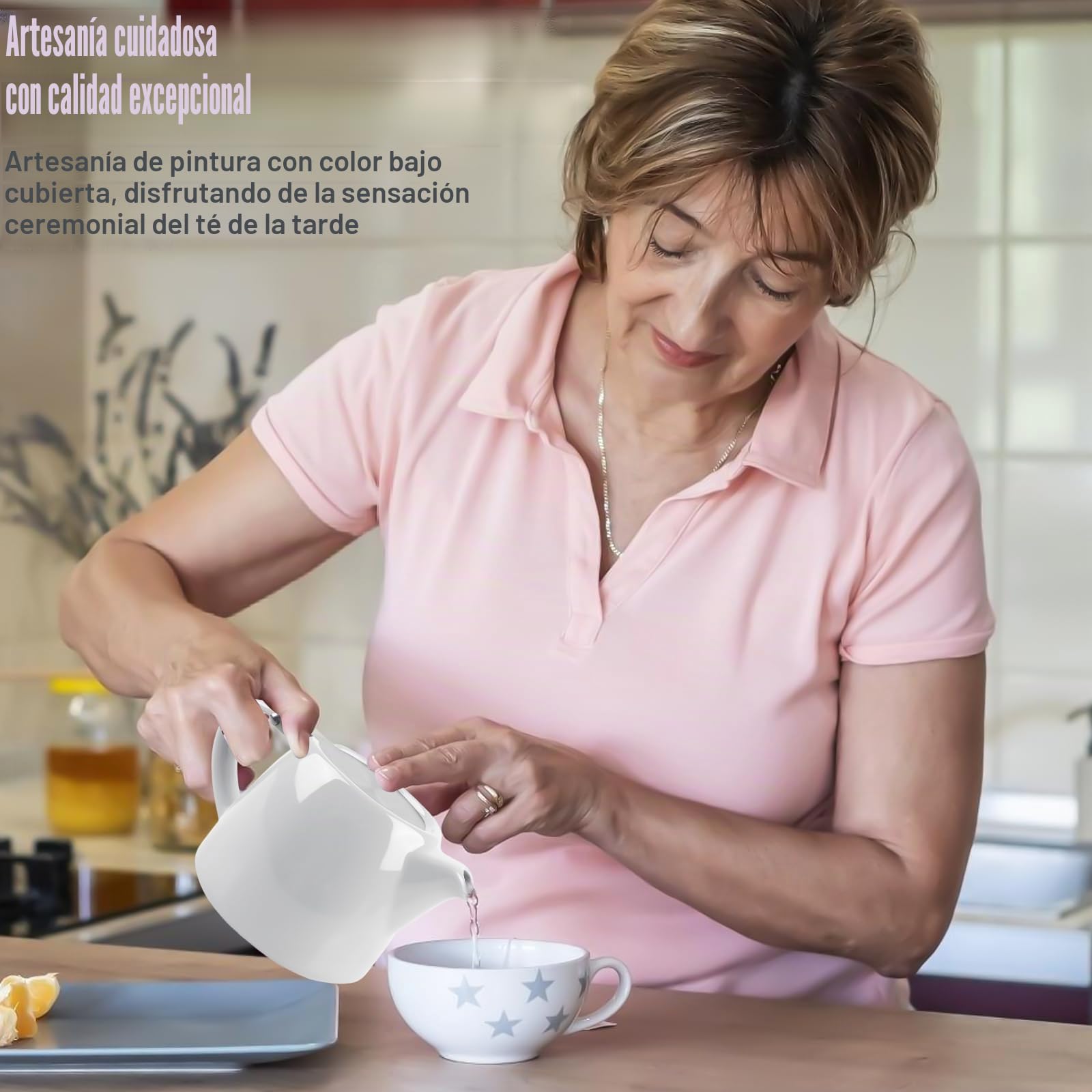 GAOUTO Tetera con colador, 500 ml, tetera de cerámica aislante con colador de acero inoxidable extraíble, infusor de malla fina, color blanco
