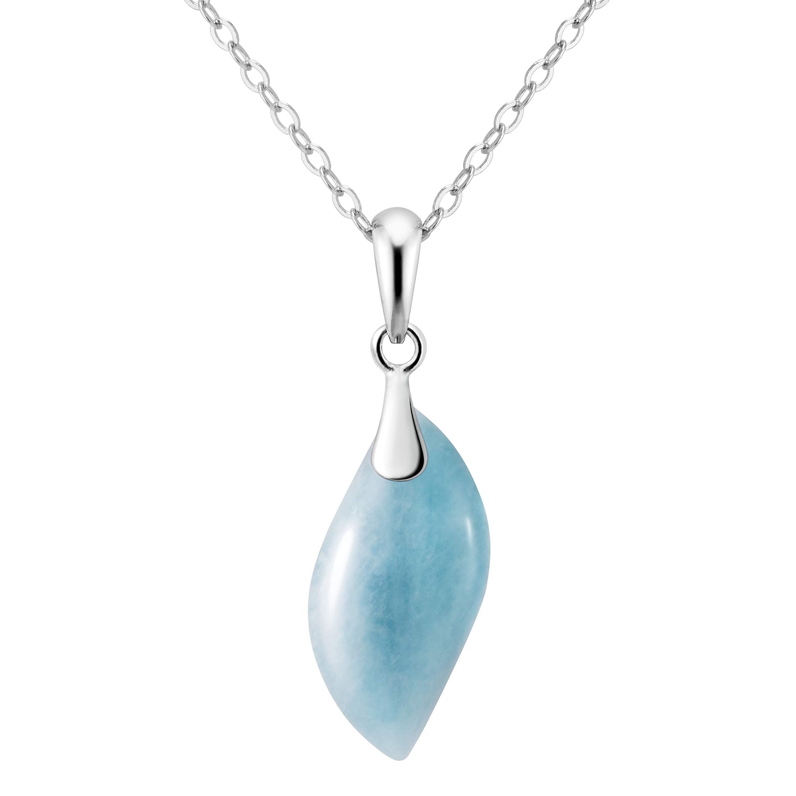 Franki BakerDainty Blue Green Leaf Shaped Aquamarine Gemstone Pendant Necklace on 925 Sterling Silver. Chain Length: 50cm. Rhodium Plated.