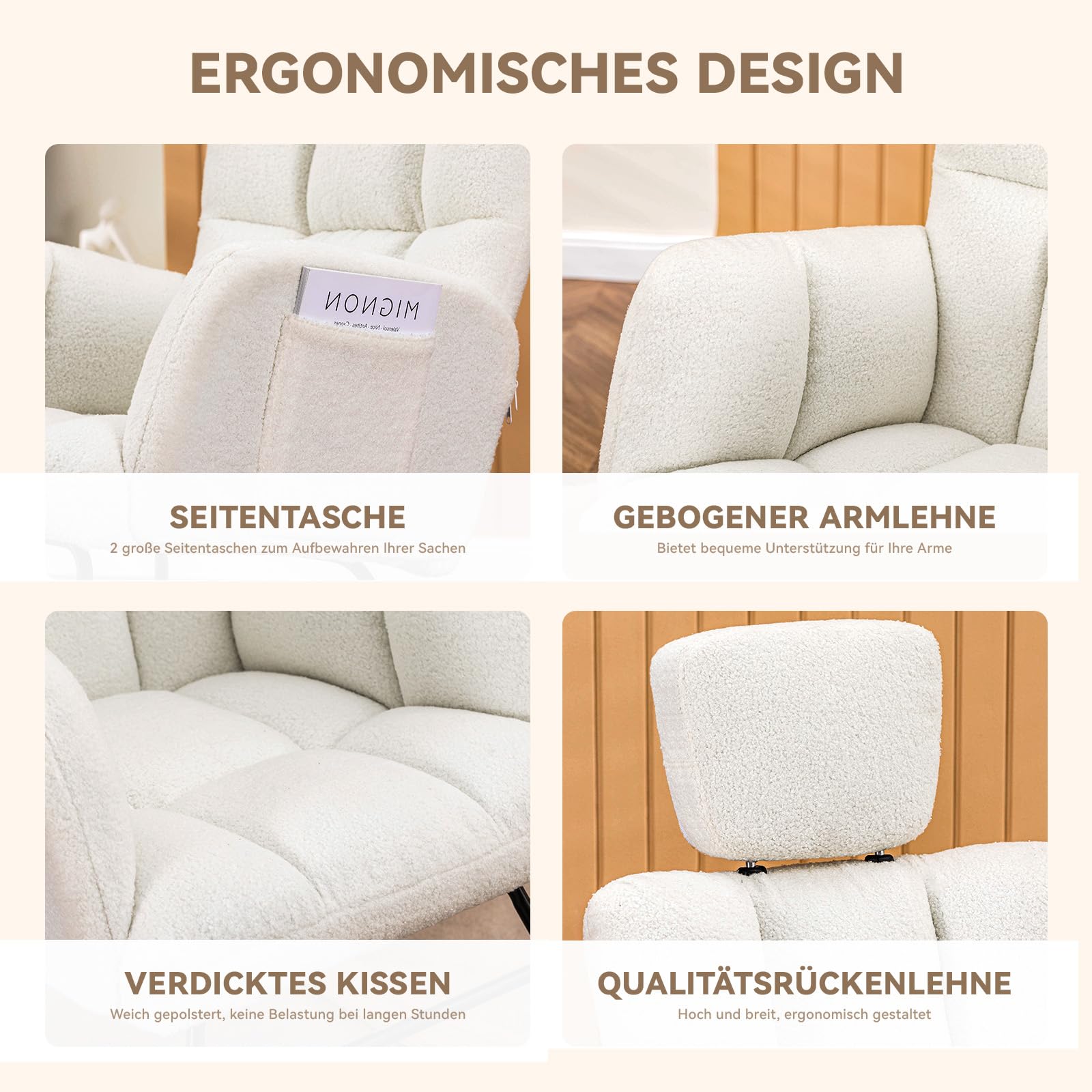 Comhoma Fauteuil à bascule avec tabouret, fauteuil relax en peluche de style oreillette, fauteuil à bascule pouvant supporter jusqu'à 150 kg, chaise longue de jardin pour la chambre à coucher, le