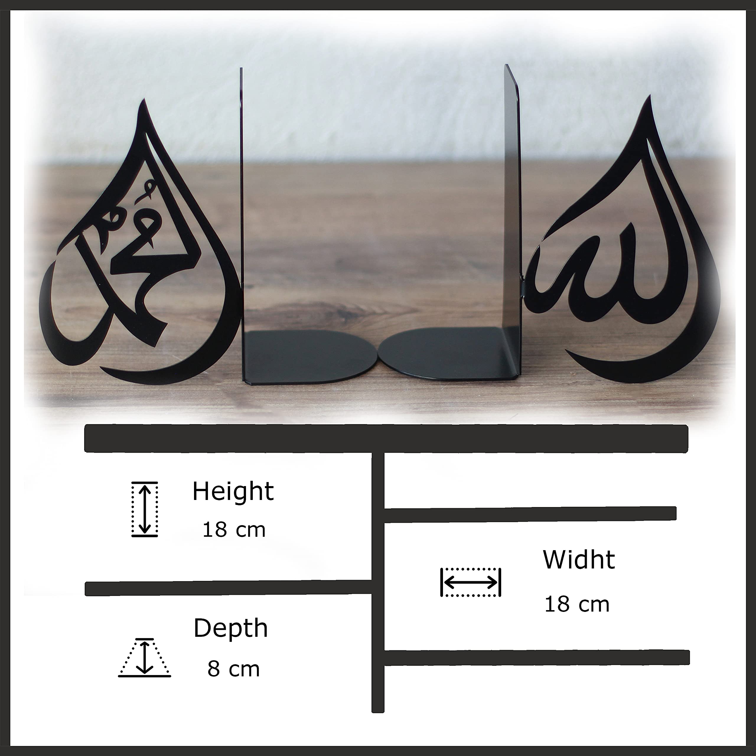 IWA Concept | Drop Design Allah (SWT) und Mohammad (PBUH) Metall-Buchstütze Heimdekoration oder islamische Dekoration für Tisch Regal Heimdekorationen Ramadan-Geschenke Eid Dekorationen (schwarz)