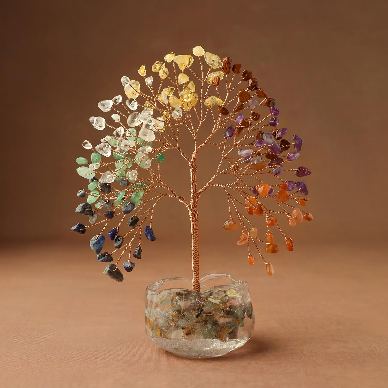 7 cristalli Chakra, albero della vita con base in vetro, pietra preziosa in 147 pietre naturali, circa 16-17 cm, decorazione in cristallo Feng Shui e regalo spirituale, per casa