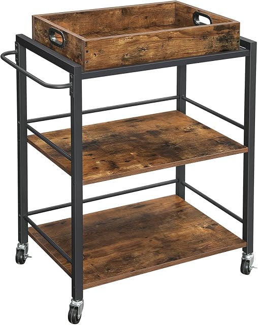 VASAGLE Kitchen Trolley with Removable Tray, Serving Cart Trolley, Universal Castors with Brakes, Leveling Feet, Steel Structure, Kitchen Shelf, 65 x 40 x 86 cm, Rustic Brown LRC72X