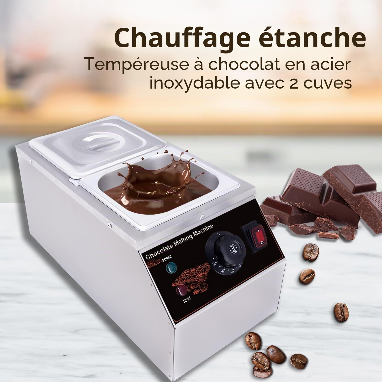 2-Cuve Chauffe-Chocolat avec Contrôle de Température, Machine de Tempérage Commerciale en Acier Inoxydable, Réchaud Électrique pour Chocolat, Pâtisserie, Bonbons et Fromage