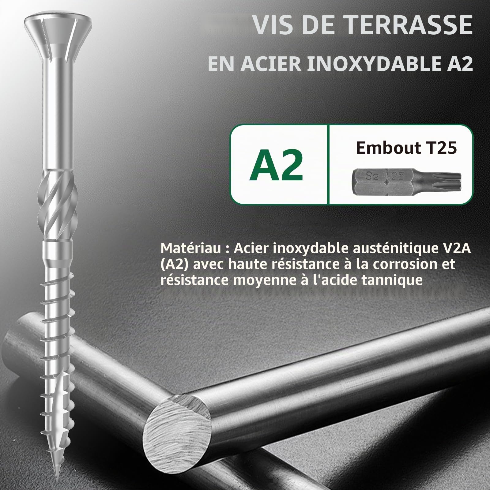 TCO - Vis pour terrasse 5x50 acier inoxydable A2-200 vis pour planches + 1 embouts T25 - Idéales pour Extérieur (construction de terrasses & en bois de construction, abris de jardin etc.)