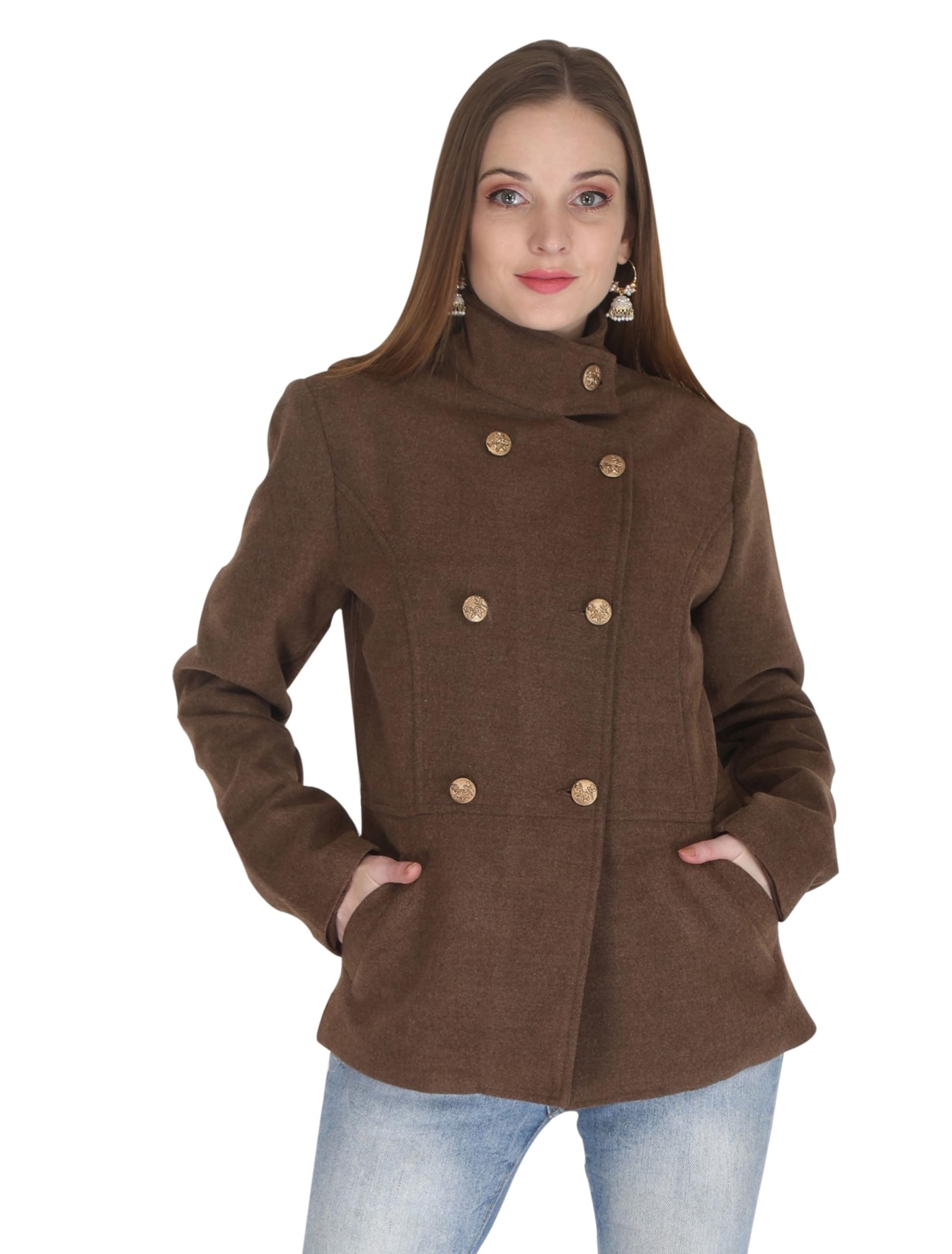 aol Women's Double Breasted Woollen Pea Coat with Hi-Neck Option-picture-40
