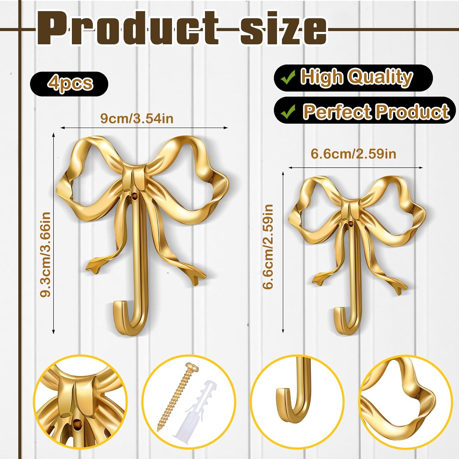 4 Pcs Gold Bow Knot Hooks Brass Bow Wall Door Hanger Towel Hooks Brass Coat Hanger Decorative Holder for Wedding Bathroom Living Room Kitchen Decor (L+S)