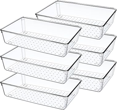 6 Pcs Clear Kitchen Drawer Organiser Trays, Acrylic Desk Drawer Dividers Organisers for Cutlery, Kitchen, Cosmetics, Makeup, Utensils, Vanity, Office, Stationery, Plastic Draw Storage Organiser