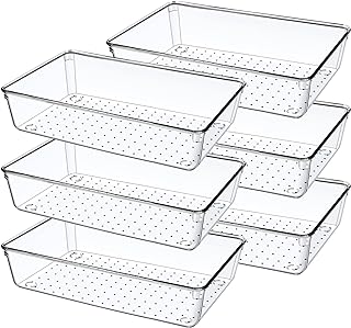 6 Pack Drawer Organizers, Plastic Clear Acrylic Non Slip Non Cracking kitchen drawer organizer Stackable Bathroom Drawer Organizer Trays, Storage Bins for Makeup, Bathroom, Kitchen Office