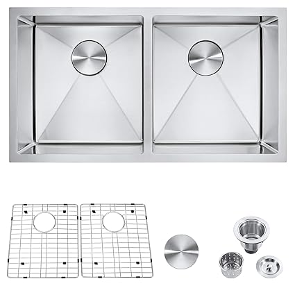 32 inch Undermount Kitchen Sink,JULYFOX Double Bowl Stainless Steel Drop in Ultra Deep Bar Sink