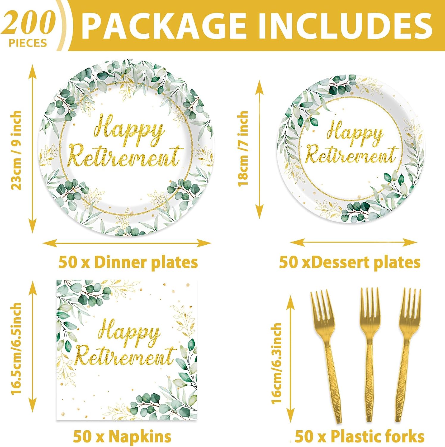 200Pcs Sage Green Retirement Party Decorations Greenery Happy Retirement Paper Plates Napkins Tableware Set Gold Green Disposable Dinnerware for Men Women Coworker Goodbye Going Away Party Supplies image 2