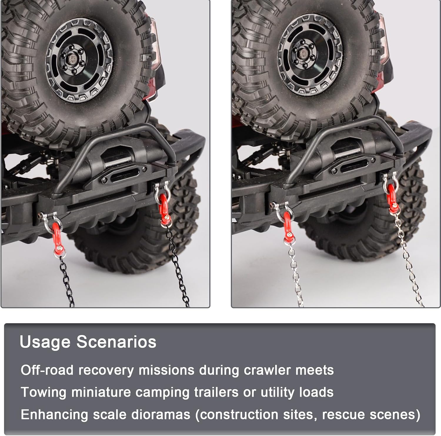 Mini Metal Trailer Chain with Tow Hook Decoration High-Simulation Metal Tow Hook 100cm Chain Kit for 1/10 Scale RC Crawlers Compatible with Traxxas TRX4, Axial SCX10 Series – Off-Road Recovery