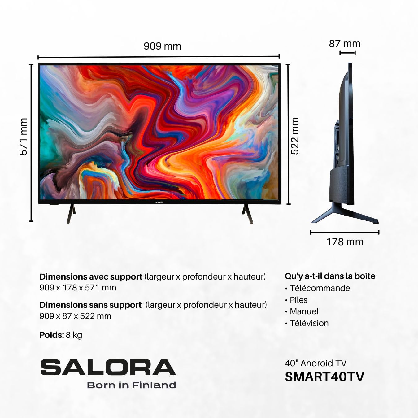 SALORA SMART40TV– TV Android avec écran LED Full HD 40 Pouces, HDR10 et HLG, Wi-FI, Bluetooth, 3X HDMI, Tuner DVB-T2/S2, Commande vocale, Classe énergétique F, TV LED compacte pour la mai