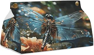 Dragonfly Flying on The PondTissue Box Cover for Bathroom, PU Tissue Holder for Vanity Countertop, Paper Organizer Dispenser, Personalized Tissue Case for Office, Car, Tabletop