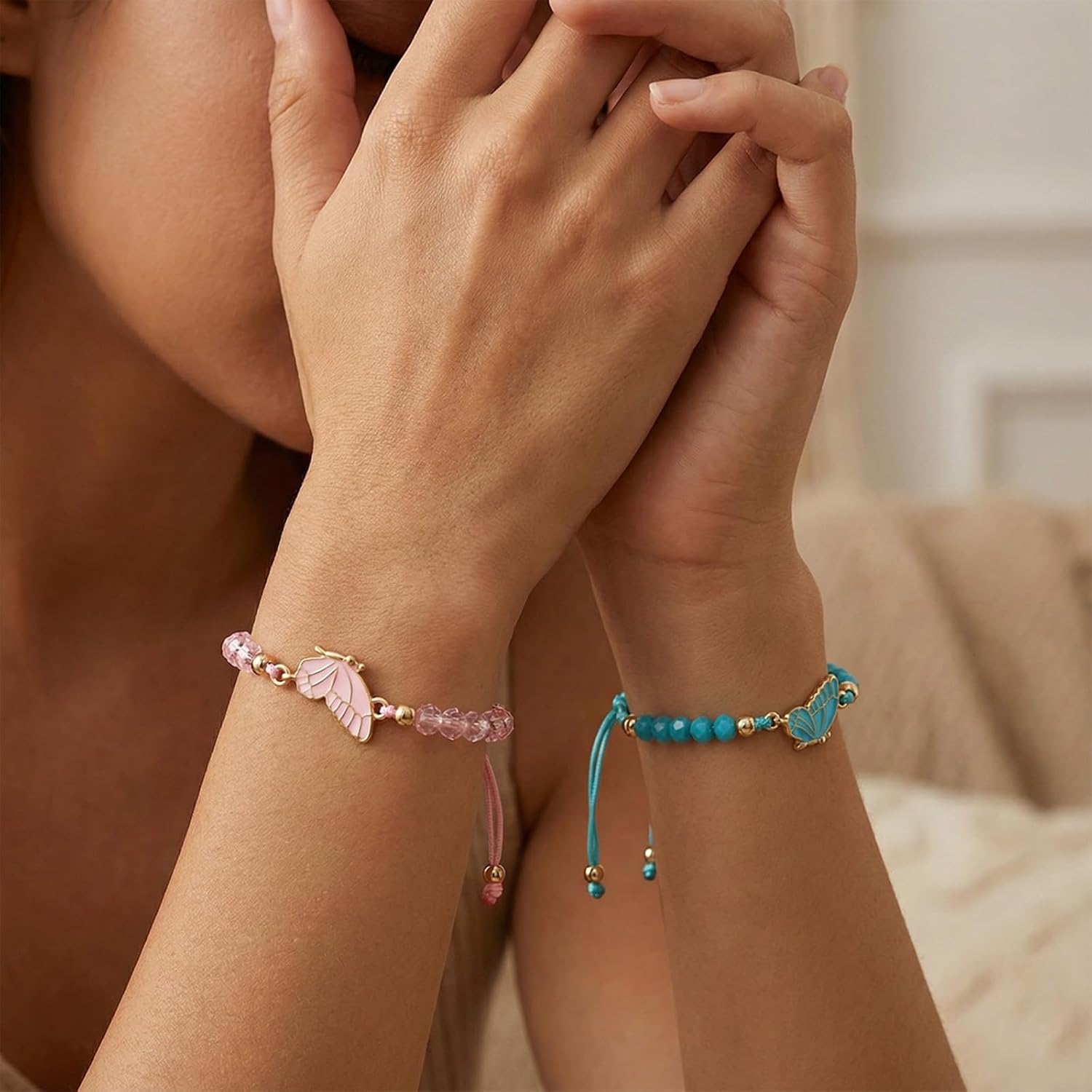 2PCS Butterfly Friendship Bracelets, Adjustable Matching Bracelets Cord for Valentine, Bff Bracelet for Friends, Couple, Butterfly Handmade Charm for Valentine's Gifts(Pink, Blue) - Image 6