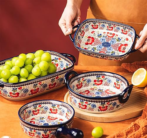 Miniatura 9 de Bicuzat Cacerola de cerámica para hornear con diseño de flores azules y naranjas con asas para horno, cocinacocina, 1 unidad, 32 onzas