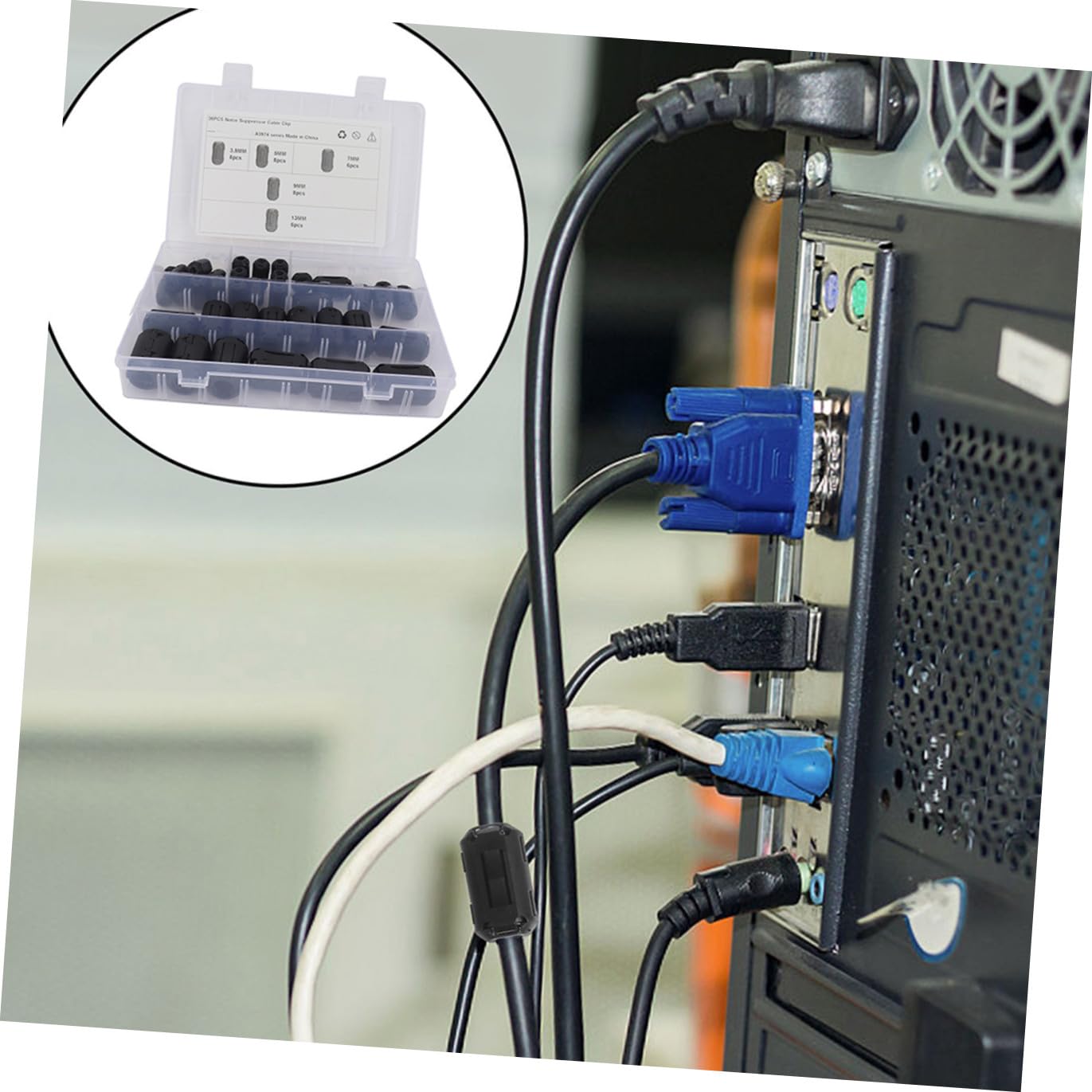 36 Pezzi Filtri Antirumore Clip in Plastica e Nucleo in Ferrite Rimovibile, Anelli di Cordone Antinterferenza per Cavi Dati, Accessori Elettronici per Installazione Audio Veicoli