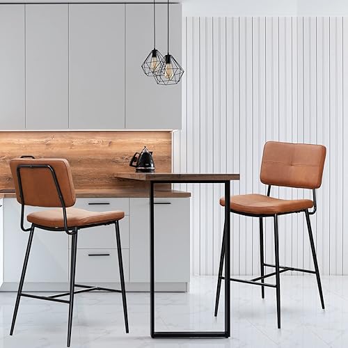KAIDYSENY Indoor Bar Stools 2 Pack - 27" Modern Counter Height Barstool with Back, PU Faux Leather Metal Legs Upholstered Armless Stool, Pub Chairs for Home Kitchen, Dining Room, Coffee House (Brown)
